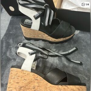 Sorel Black and White Wedge Sandals